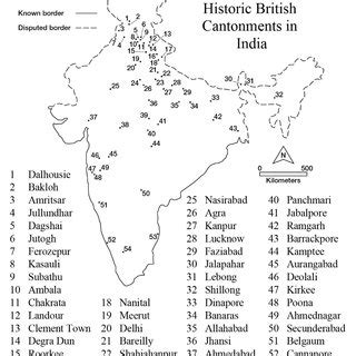 Map of Historic British Cantonments in India, c. 1864, after Kalal [23 ...