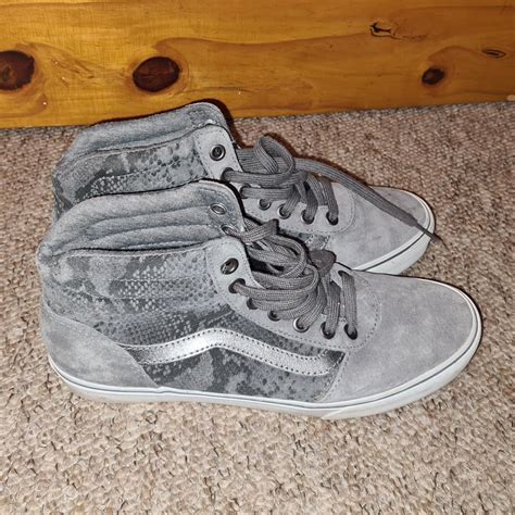 Grey suede high top vans metallic vans stripe... - Depop