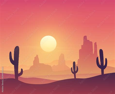 Desert landscape with cactus silhouette on the sunset. Vector ...