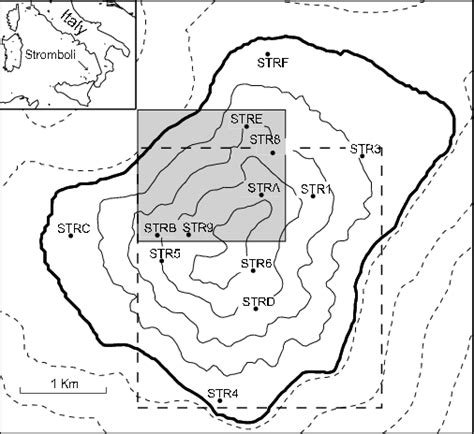 Map of Stromboli Volcano showing locations of three-component broadband ...