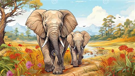 Vector Drawing of Baby Elephant and Mother Stock Illustration ...