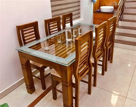 6 Seater Glass Top Wooden Dining Table Set at Rs 42000/set in ...