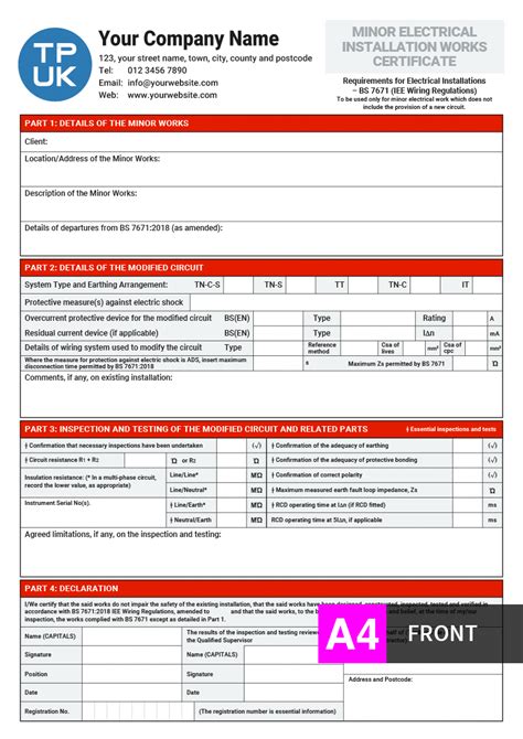 Minor Electrical Installation Works Certificate Printing