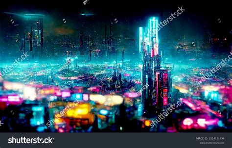 Futuristic Cyberpunk City Full Neon Lights Stock Illustration ...