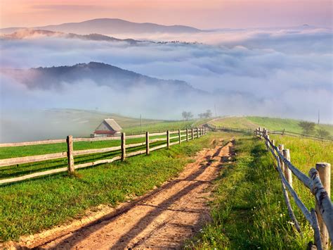 Nature scenery, countryside, mountains, grass, mist, village, road ...