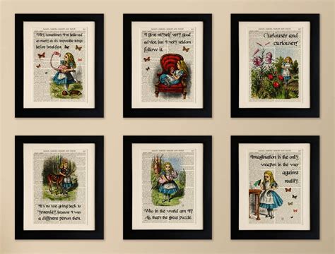 Set of 6 Art Prints on Old Antique Book Page Alice in Wonderland Quotes ...