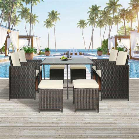 enyopro 9 Piece Patio Furniture Dining Set, Outdoor Rattan Wicker Patio ...