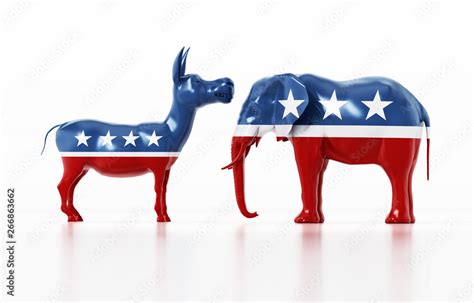 Republican and Democrat party political symbols elephant and donkey. 3D ...