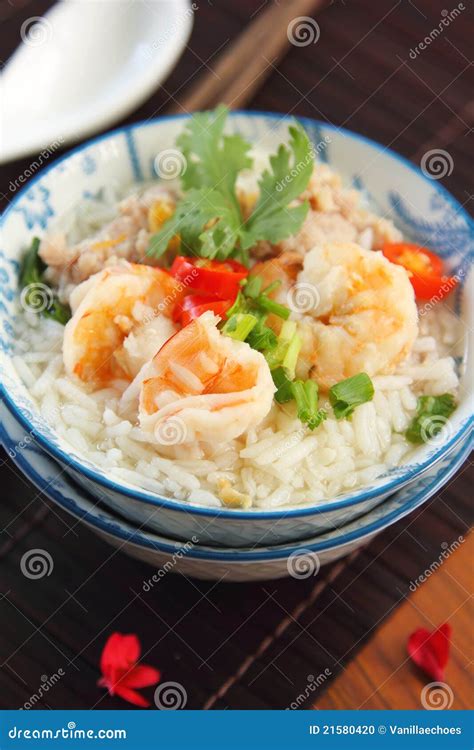 Rice Soup with Prawn and Mince Pork Stock Photo - Image of broth, pink ...