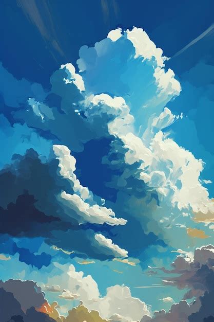 Premium Photo | A painting of a blue sky with clouds and a cloudy sky.