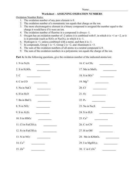 ASSIGNING OXIDATION NUMBERS WORKSHEET