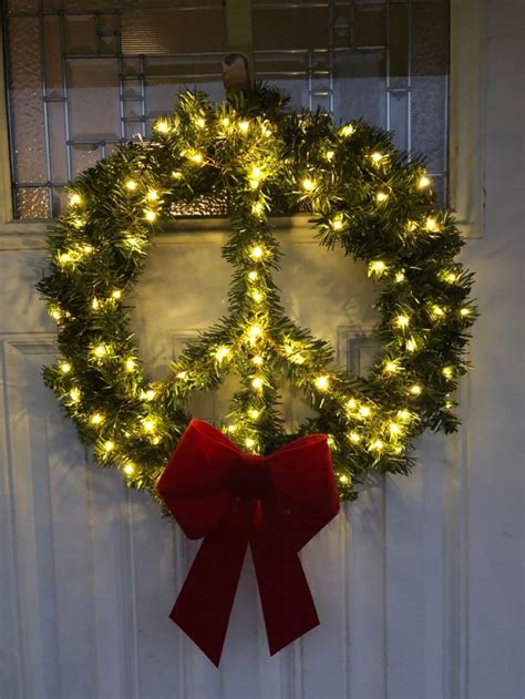 Lighted Pine Peace Sign Wreath