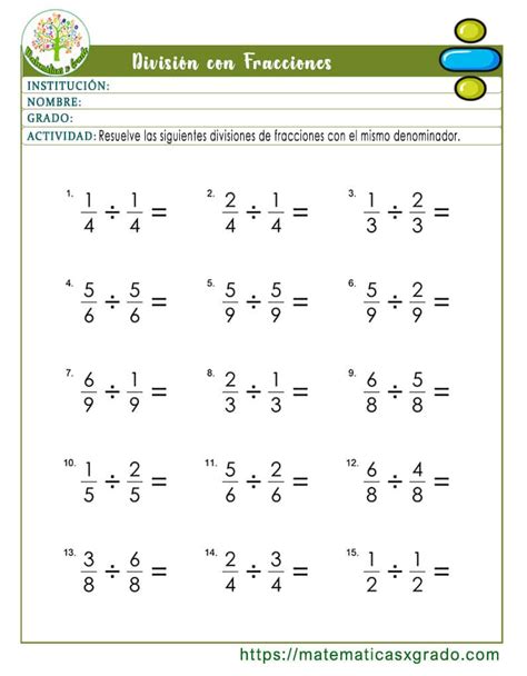 Ejercicios de división de fracciones con diferente denominador