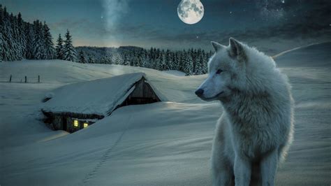 Animal White Wolf Standing on Snowy Mountain With Background of Moon ...