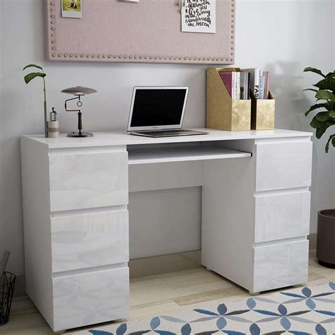 6 Drawers High Gloss Front White Desk | Fit You