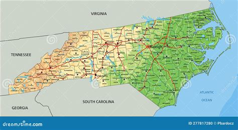 Detailed North Carolina Physical Map with Labeling. Stock Vector ...