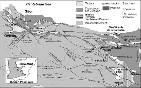 Simplified geological map of the central Cantabrian Mountains with the ...