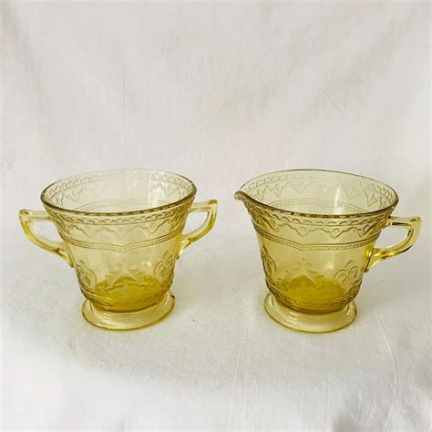 Depression glass Yellow Madrid Pattern Cream Creamer & Sugar farmhouse ...