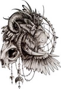 Native american lion with dream catcher and skull tattoo design ...