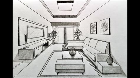 How to draw a living room in 1 point perspective - YouTube