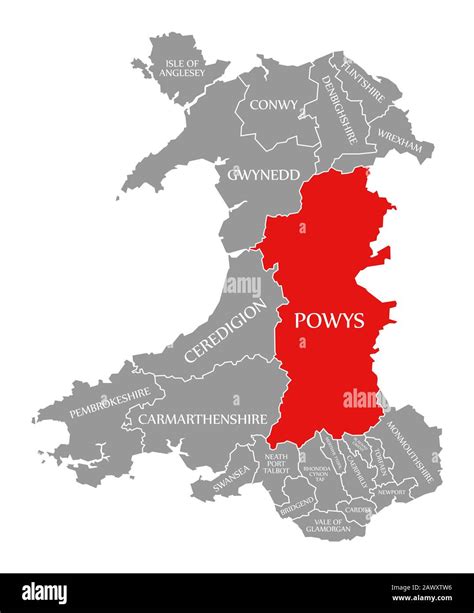 Powys red highlighted in map of Wales Stock Photo - Alamy