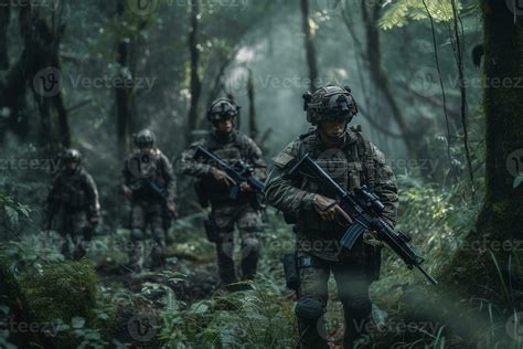 Special Forces Military Unit in full tactical gear , walking in the ...