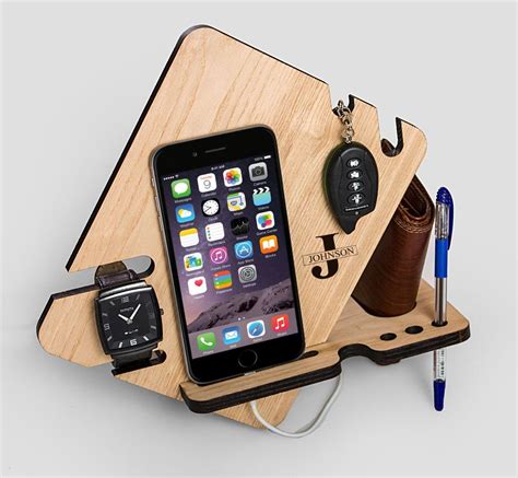 Laser Cut Wood Phone Docking Station With Key Holder Wallet Stand Watch ...