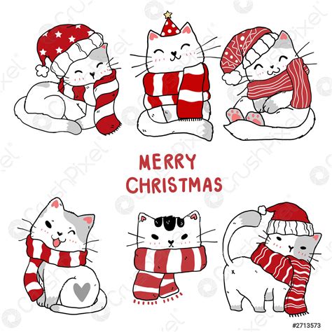 Set of cute Christmas kitten cat hand drawing clip art - stock vector ...