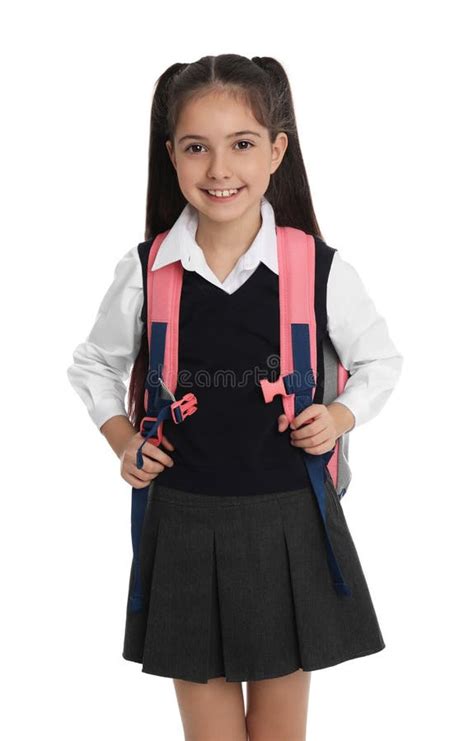 Little Girl in School Uniform with Backpack on Background Stock Image ...