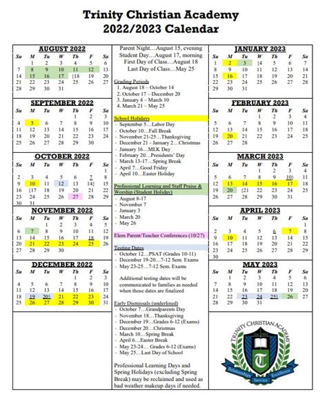 2022-2023 School Calendar - Trinity Christian Academy