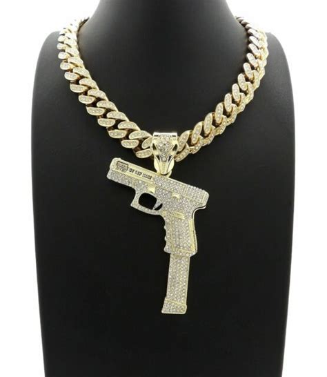 Hip Hop 37 RIP MARY Gun Pendant & 16" 18" 20" Full Iced Cuban Chain ...