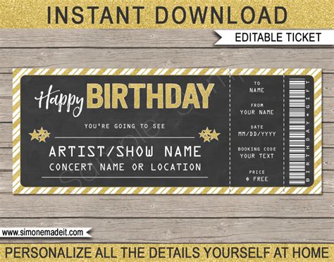 Printable Concert Ticket Template | Birthday Gift Voucher | Editable Text