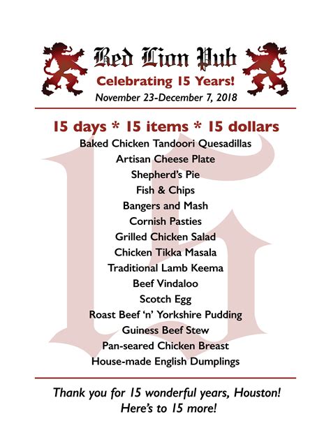 Red Lion Pub’s 15th anniversary menu – Houston's Best British Pub