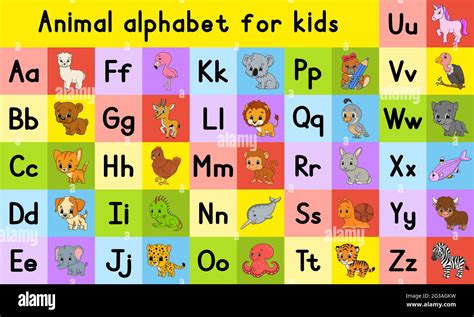 English alphabet with cartoon characters. Vector set. Bright color ...