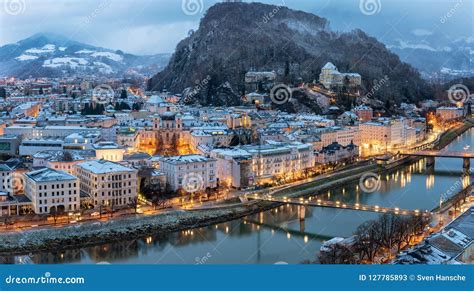 View To the Illuminated Old Town of Salzburg in Austria during Winter ...