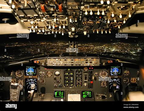 Cockpit of a passenger plane. View from the cockpit during Stock Photo ...