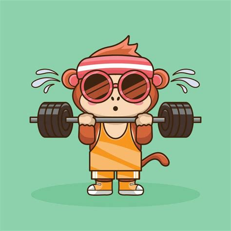 Cartoon Monkey lifting Barbell vector flat illustration. Cute Monkey ...