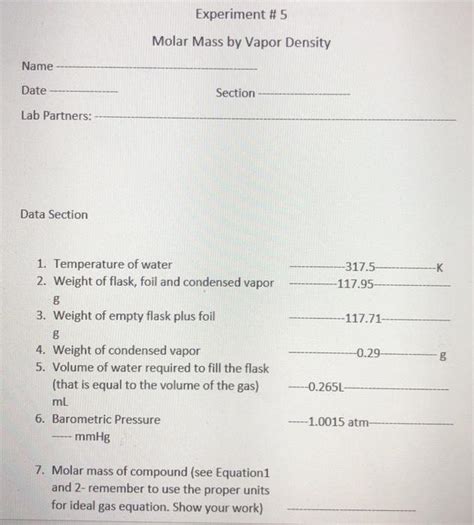 Solved Experiment #5 Molar Mass by Vapor Density Name Date | Chegg.com