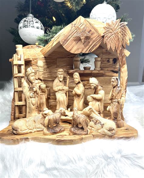 Large Wooden Nativity Scene Set for Christmas Decor , Olive Wood ...