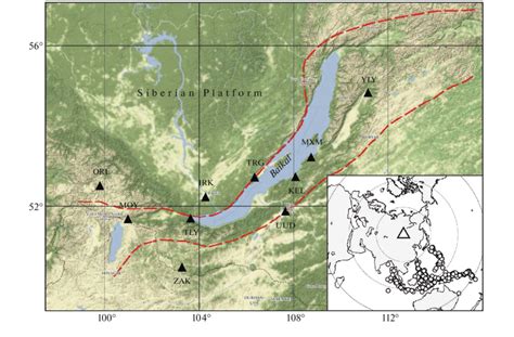 Map of the Baikal Rift Zone with seismograph stations (triangles) and ...