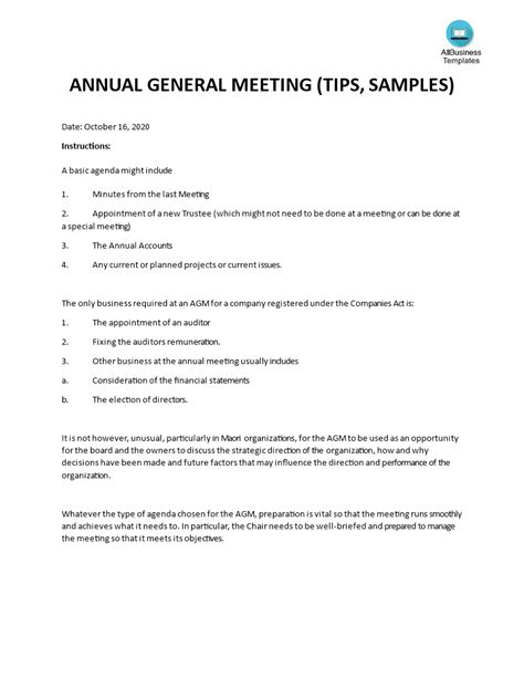 Non Profit Annual General Meeting (Agm) Agenda Template | Financial ...