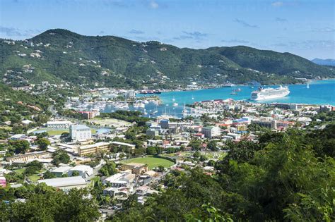 High angle view of Road town against blue sky, Tortola, British Virgin ...