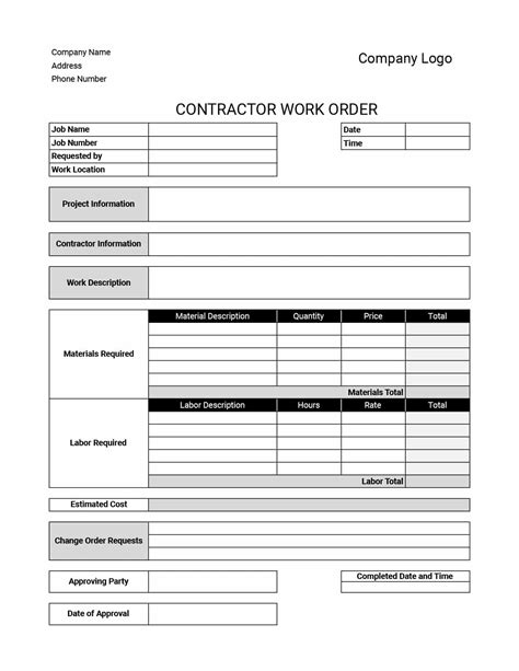 Work Order Form Template Excel