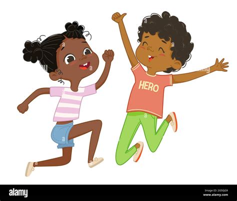 African American boy and girl play together, happily jump and dance ...