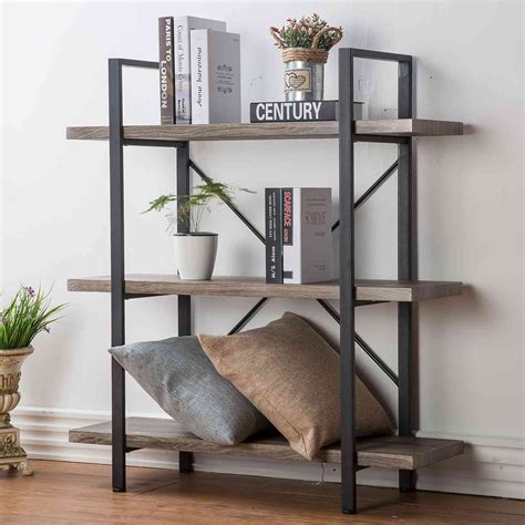 HSH 3-Shelf Bookcase, Rustic Gray 3 Tier Bookshelf, Vintage Industrial ...