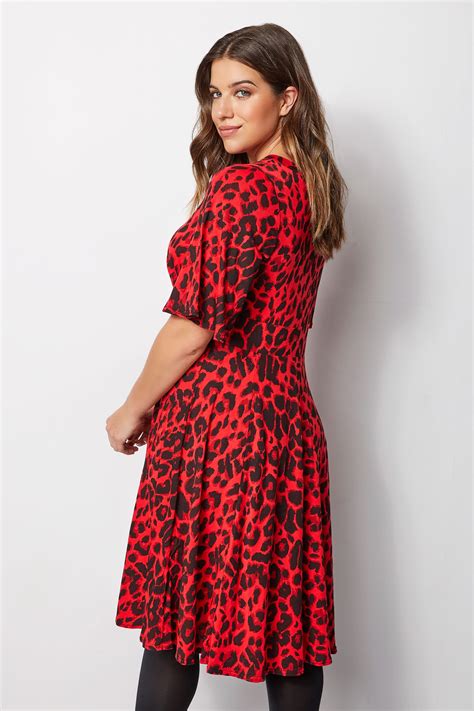 Red Leopard Print Fit & Flare Dress, Plus size 16 to 36