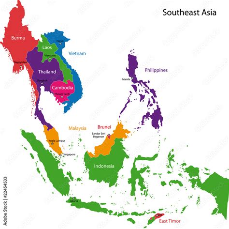 Colorful Southeastern Asia map with countries and capital cities vector ...