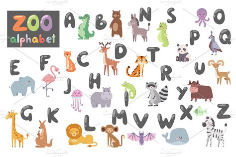 Cute zoo alphabet with cartoon animals isolated on white background and ...