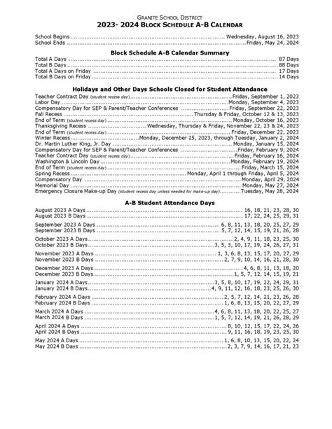 Granite School District Calendar 2023-2024 in PDF