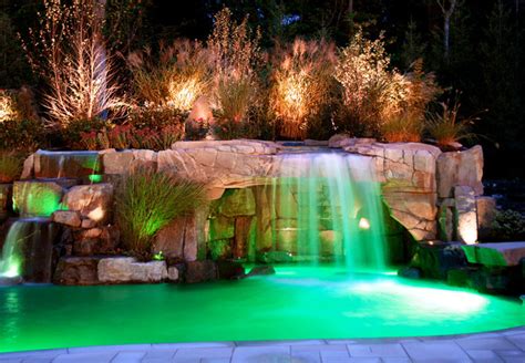 Backyard Swimming Pool Waterfall with Color LED LightingDesign- Bergen ...